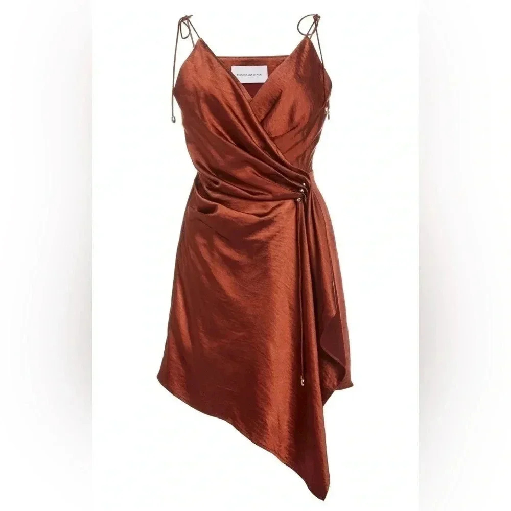 Significant Other Goldie Draped Satin Side Ruched Slip Strappy Mini Dress Bronze